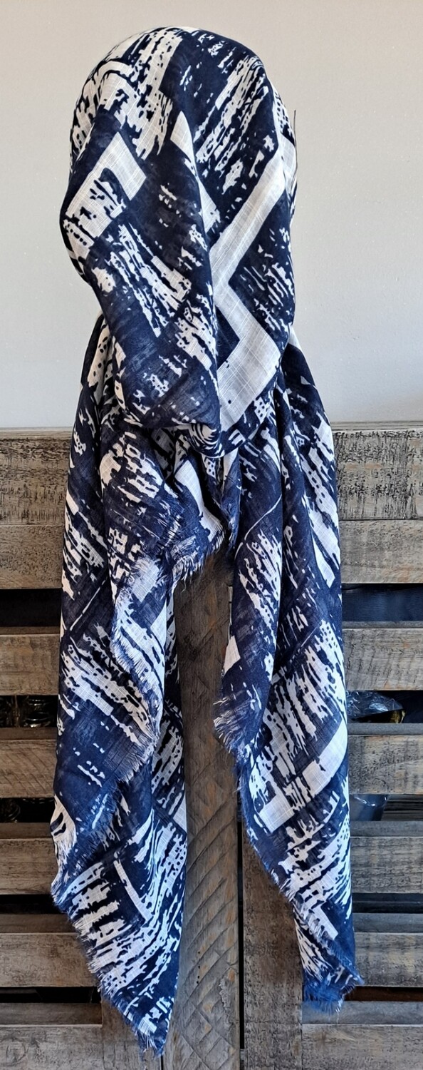 Navy/white patterned soft fringes pretied tichel