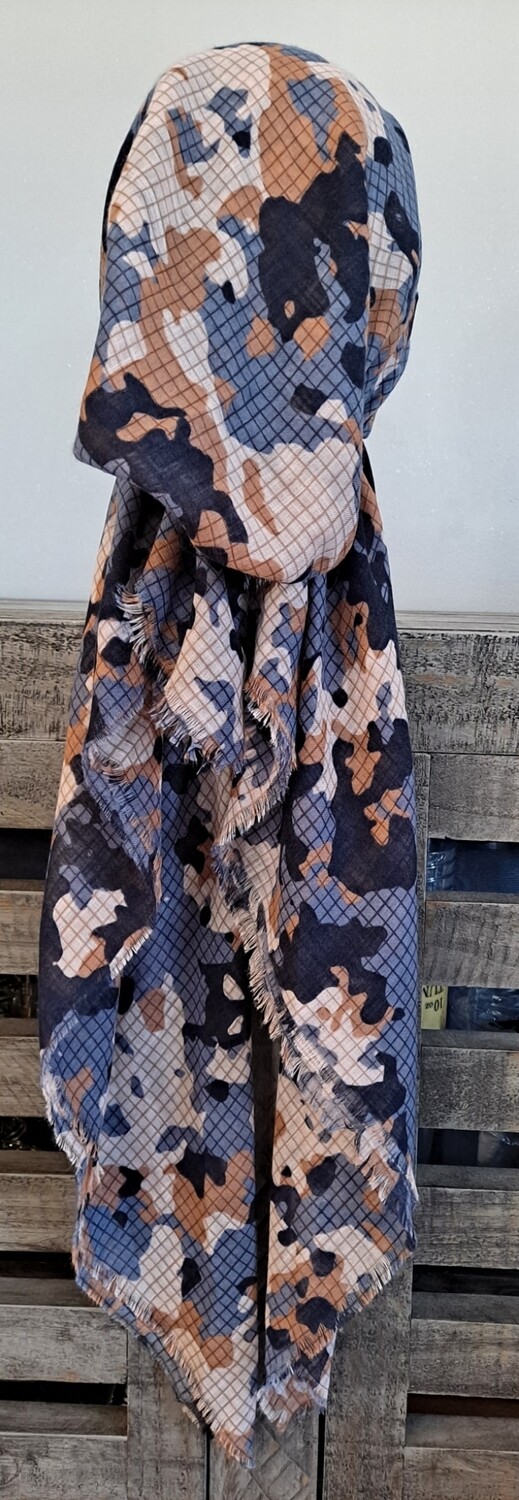 Multi patterned slate blue/tan soft fringes pretied tichel