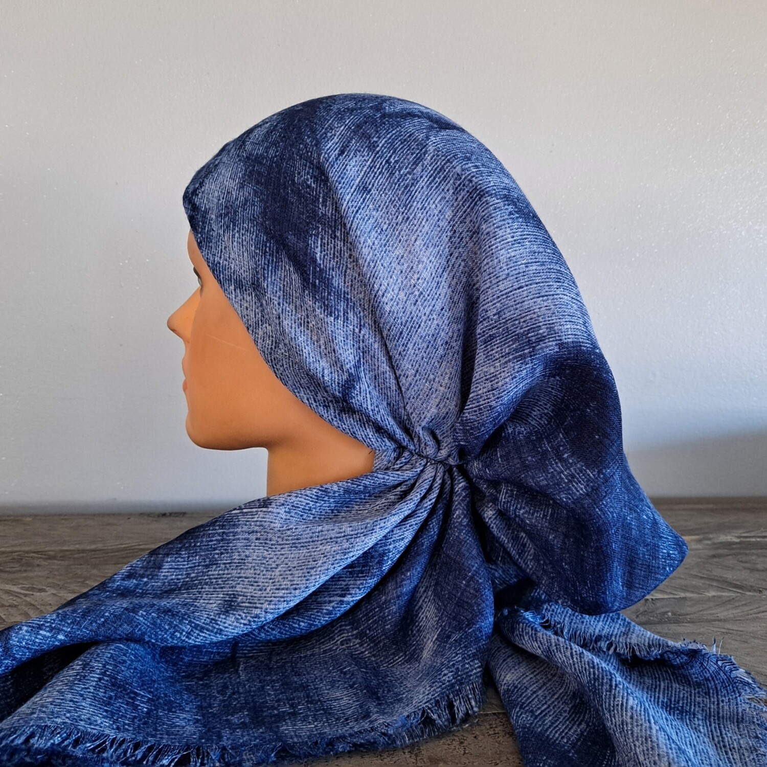 Navy tie dyed - soft fringes pretied tichel w/band sewn in (BBS)