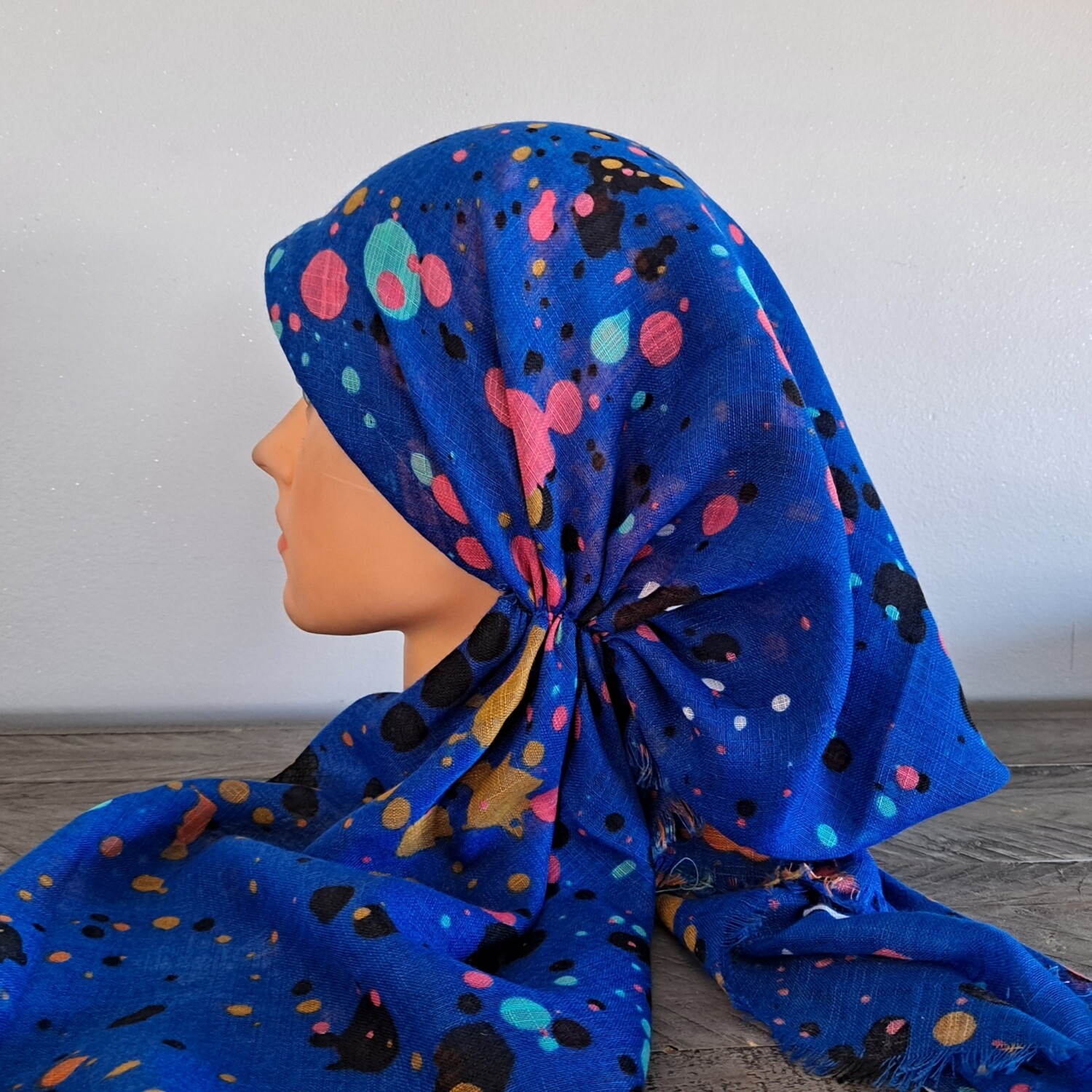Bright blue splattered  - soft fringes pretied tichel w/band sewn in (BBS)