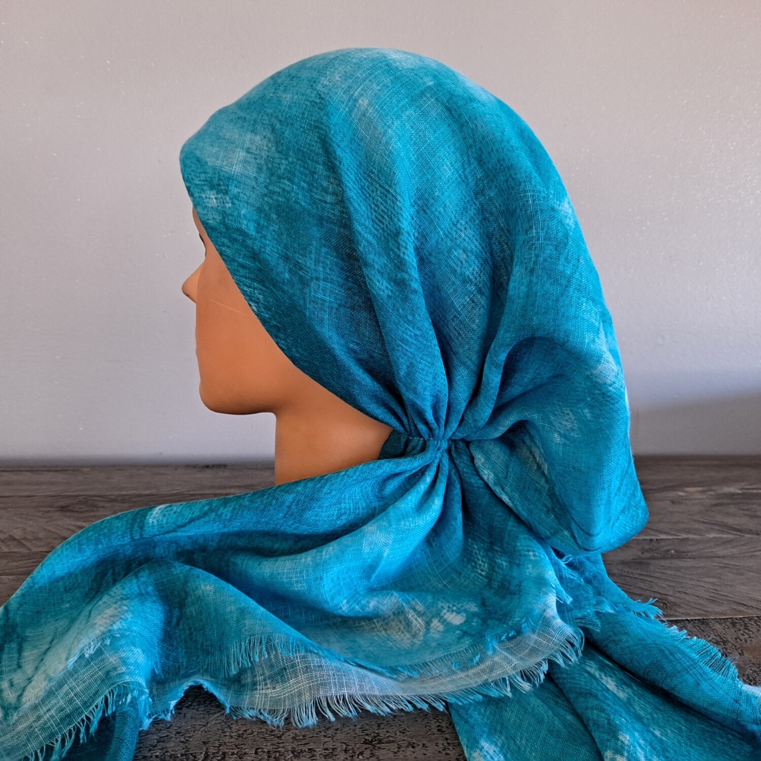 Sea green (lighter)  tie dyed - soft fringes pretied tichel w/band sewn in (BBS)