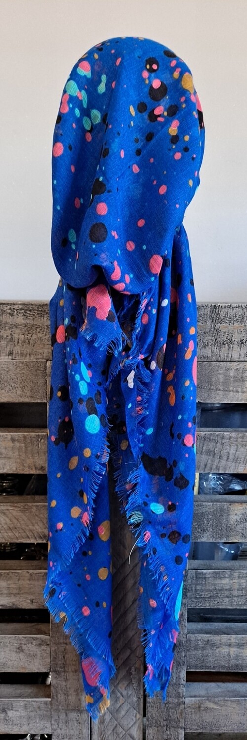 Bright blue splattered  - soft fringes pretied tichel w/band sewn in (BBS)