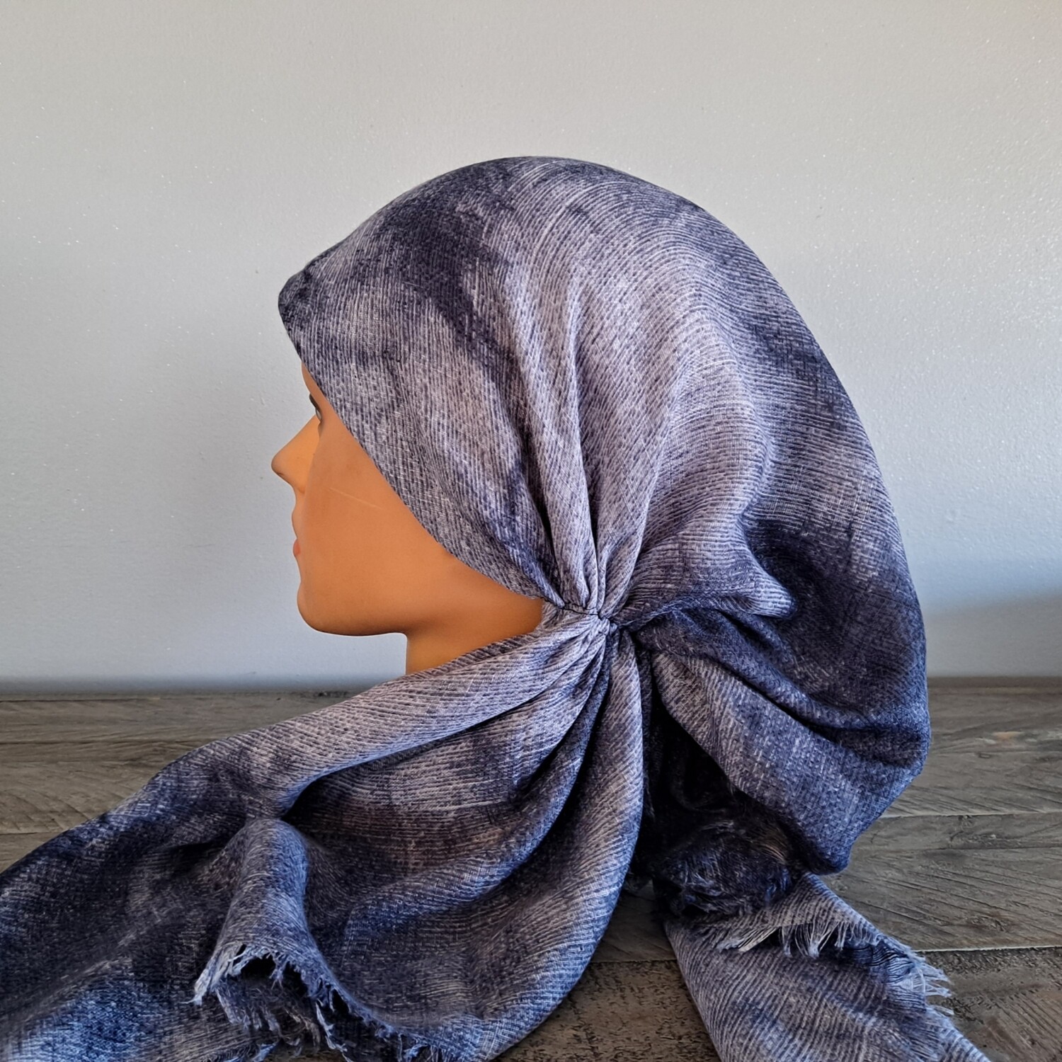 Denim color tie dyed - soft fringes pretied tichel