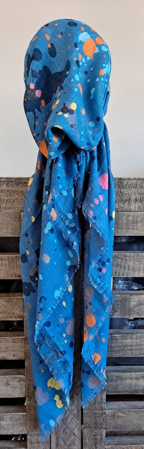 Denim color splattered  - soft fringes pretied tichel
