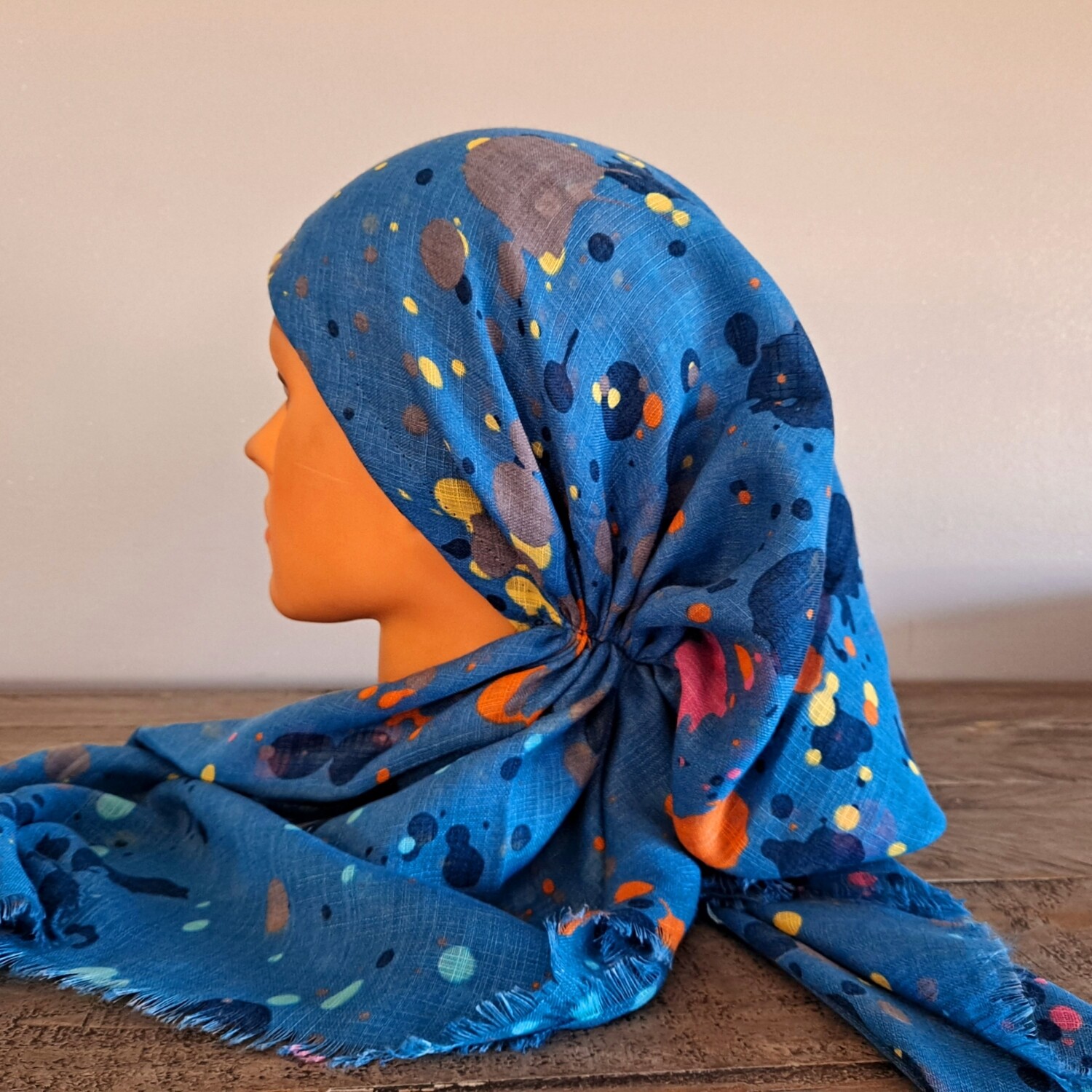 Denim color splattered  - soft fringes pretied tichel