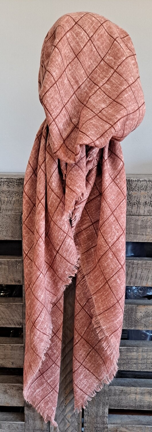 Brownish maroon squares pattern soft fringes pretied tichel