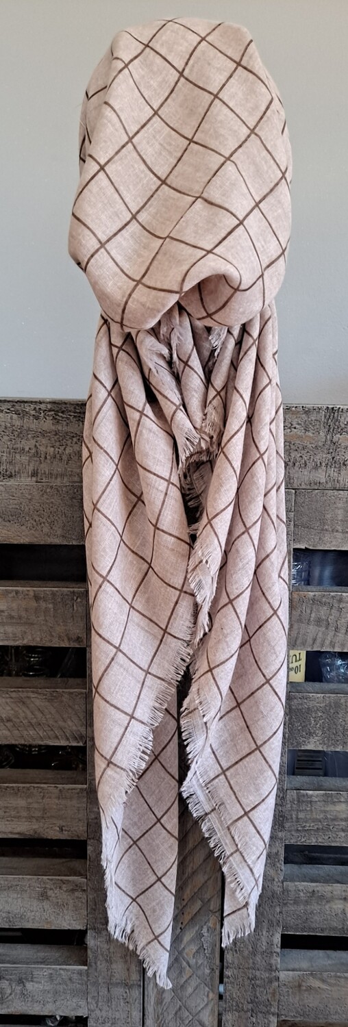 Beige squares pattern soft fringes pretied tichel w/band sewn in (BBS)