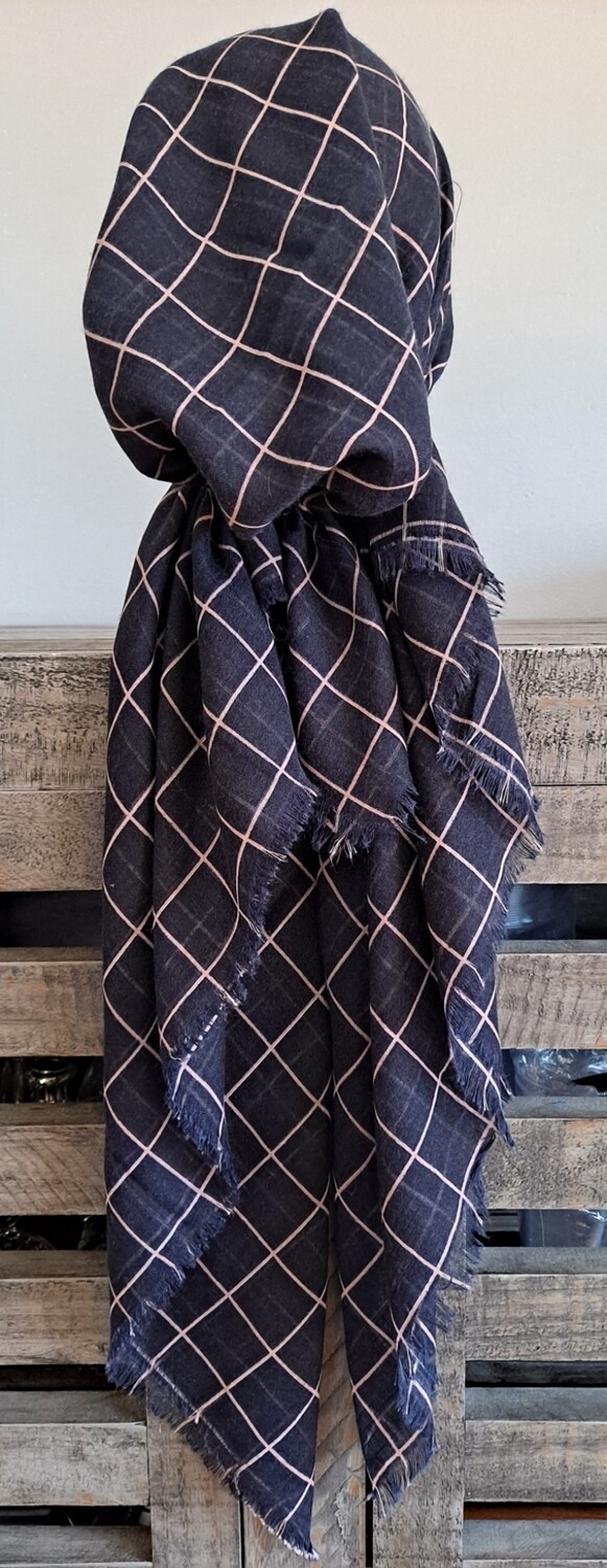 Navy/pink squares pattern soft fringes pretied tichel