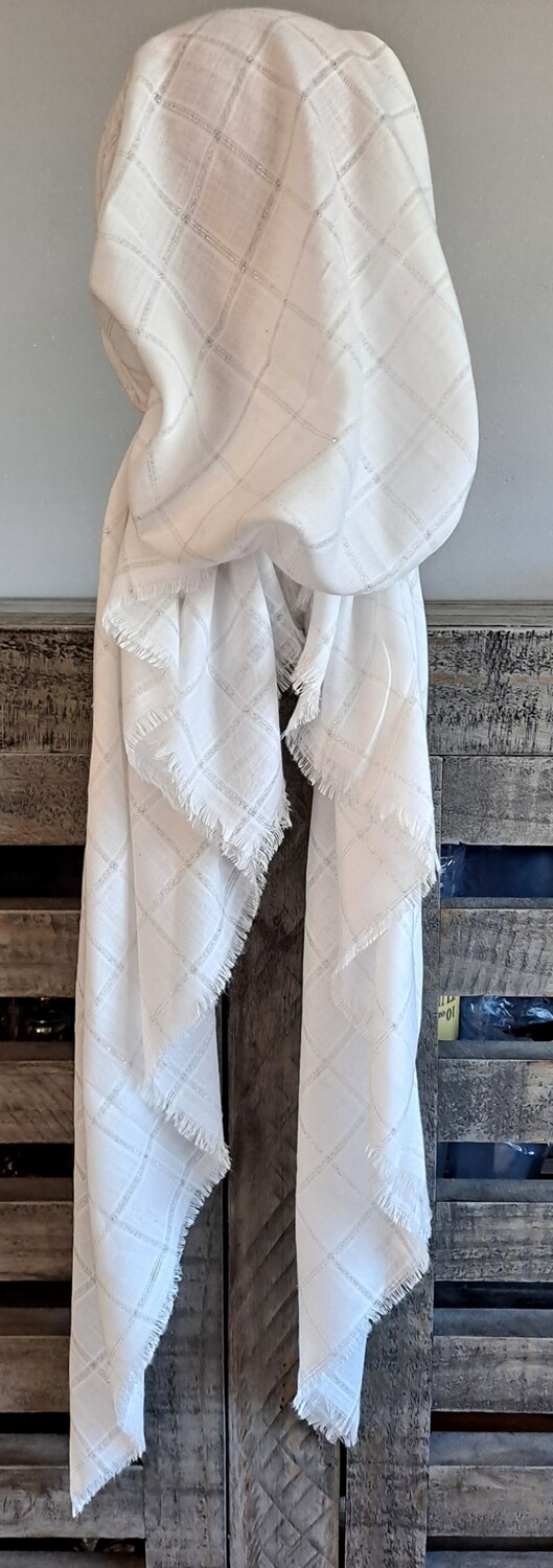 White/silver squares pattern soft fringes pretied tichel