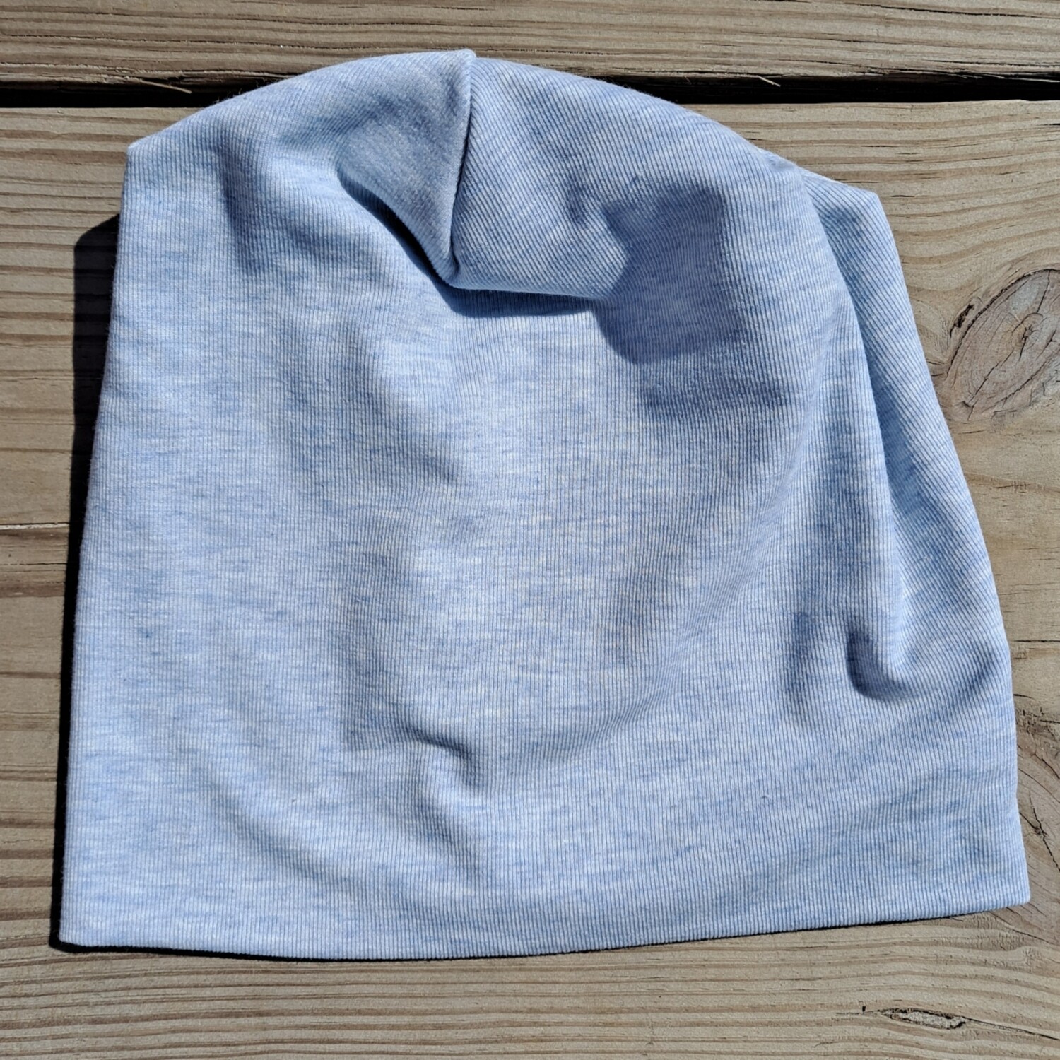 White w/light blue sweatshirt material beanie
