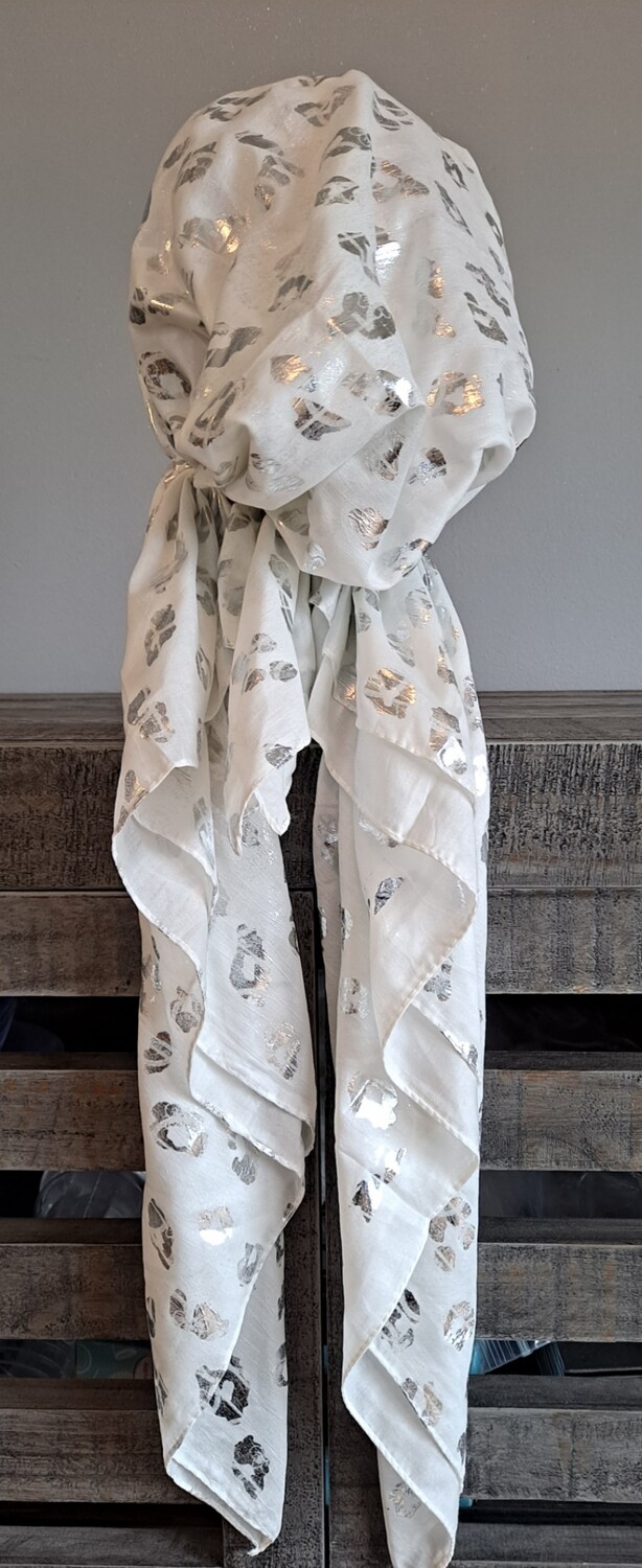 White/ivory - silver leopard print pre-tied tichel