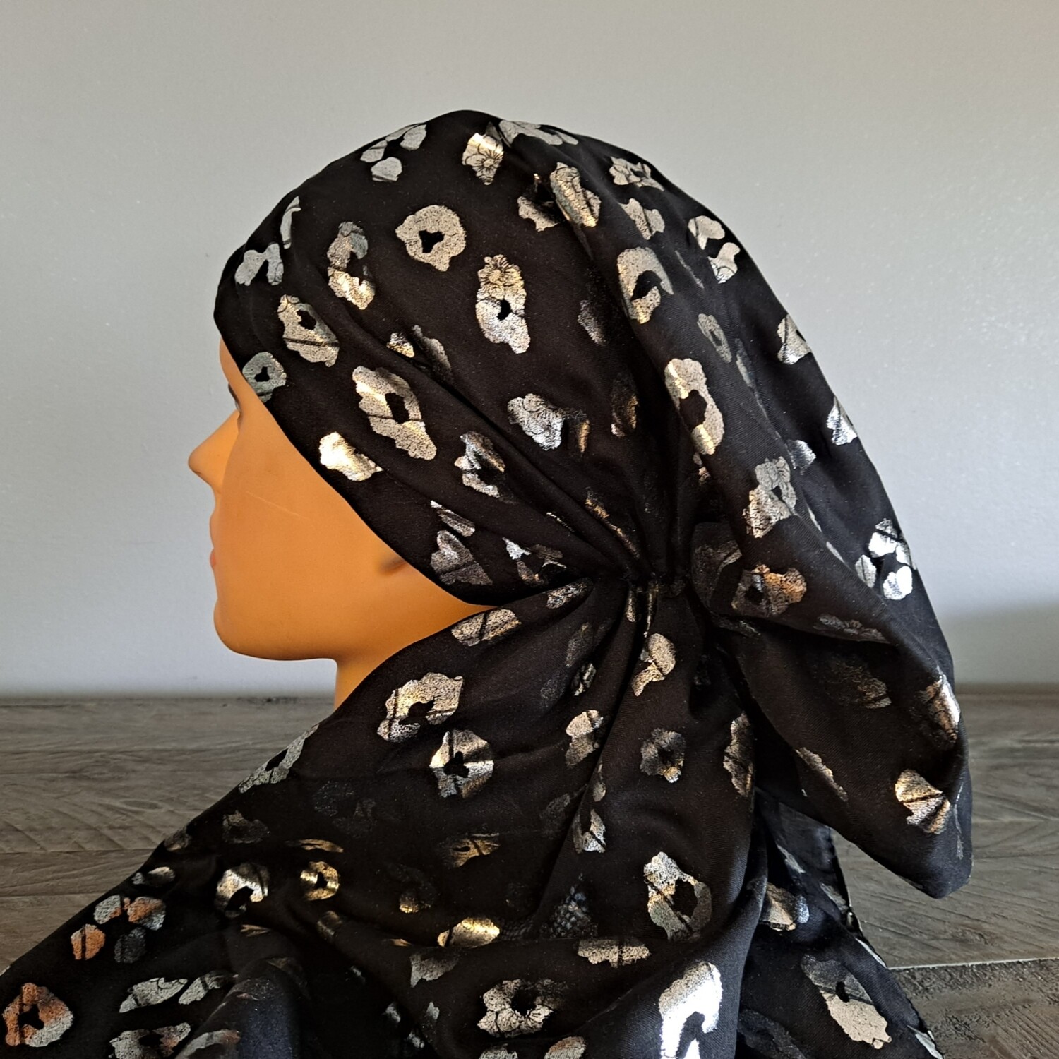 Black/silver - leopard print pre-tied tichel w/band sewn in (BBS)