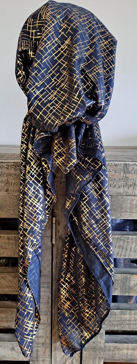 Navy - gold lines patterned pretied tichel w/band sewn in (BBS)