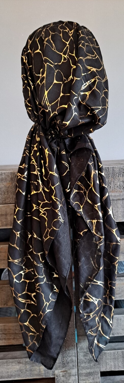 Black/gold patterned metallic pretied tichel