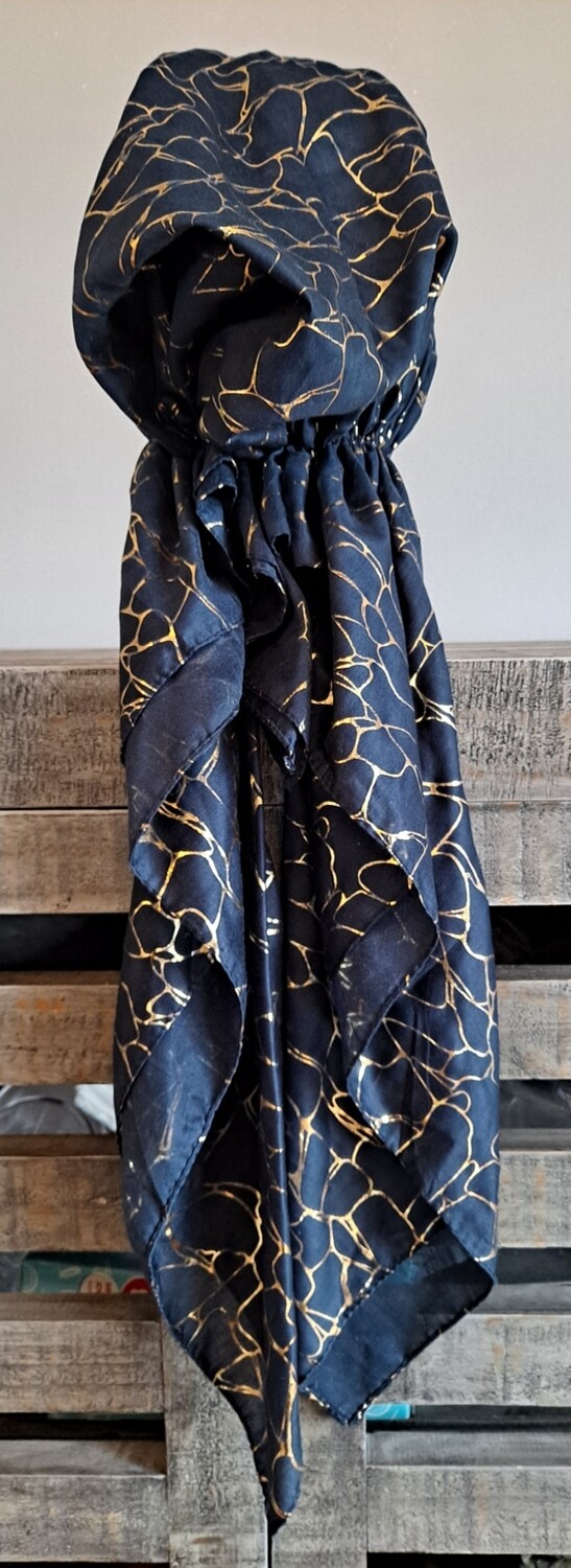 Navy/gold patterned metallic pretied tichel