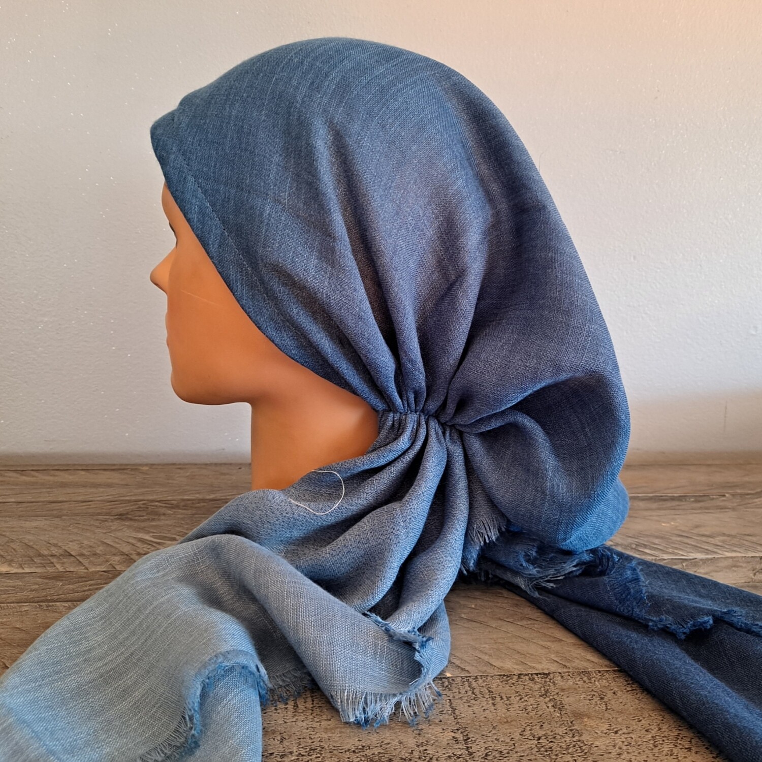Denim blue shaded - soft fringes pretied tichel