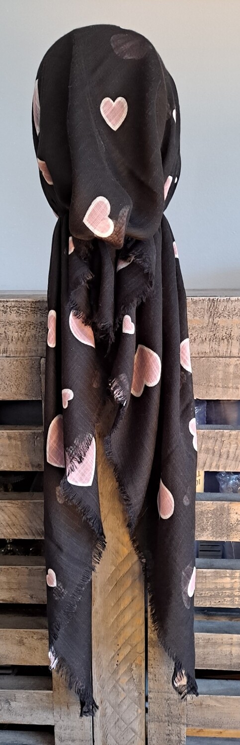 Black - light pink hearts soft fringes pretied tichel