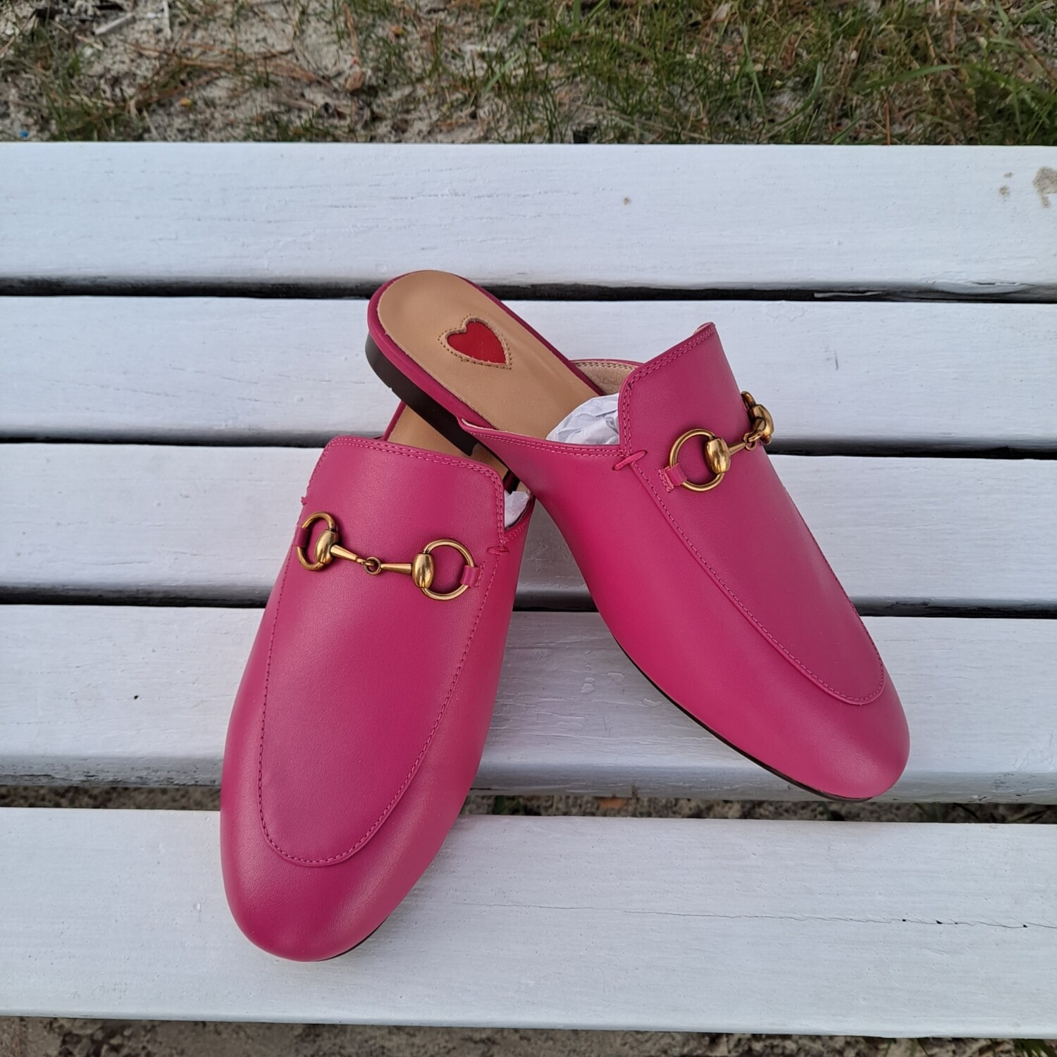 Strawberry pink leather mules