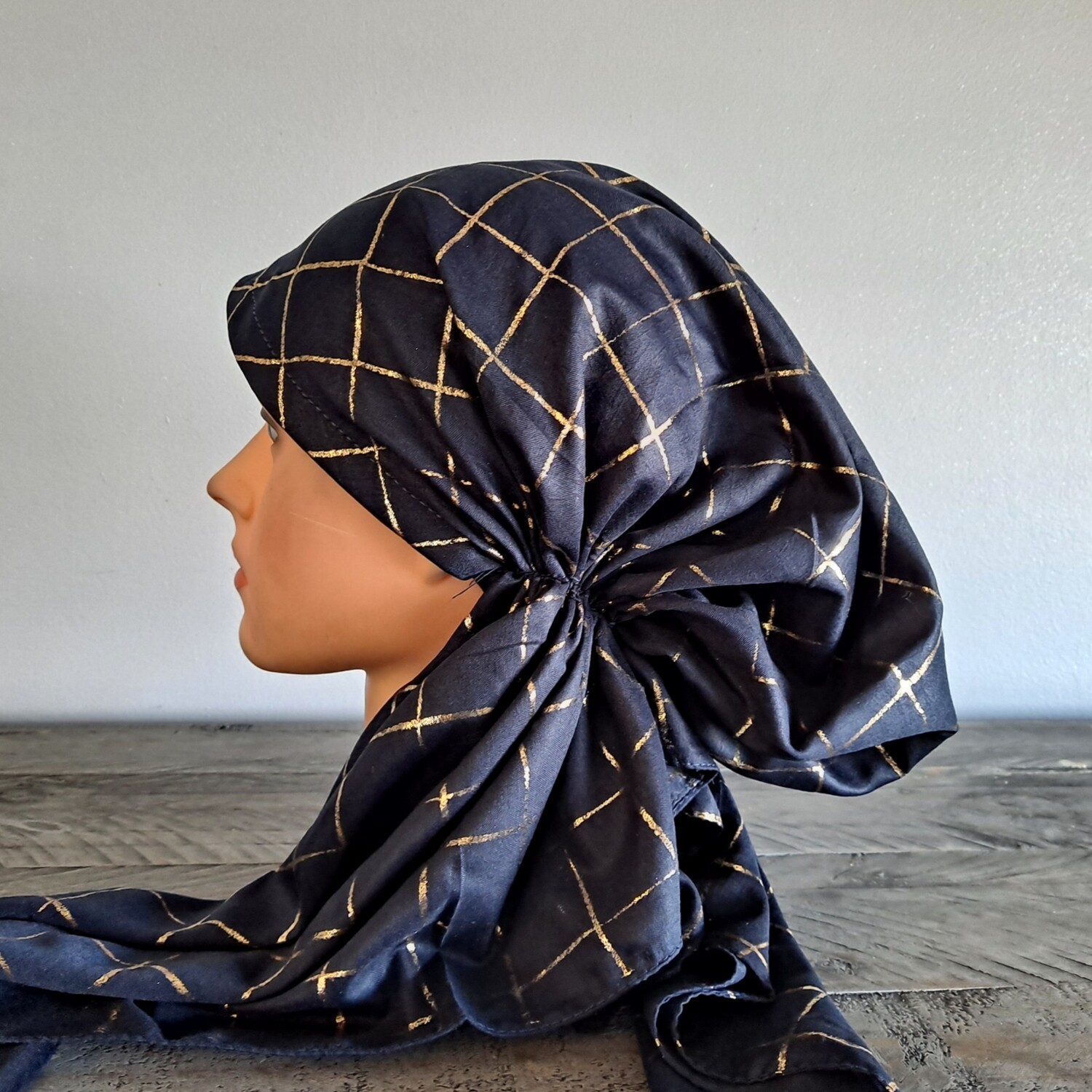 Navy/gold metallic square pretied tichel