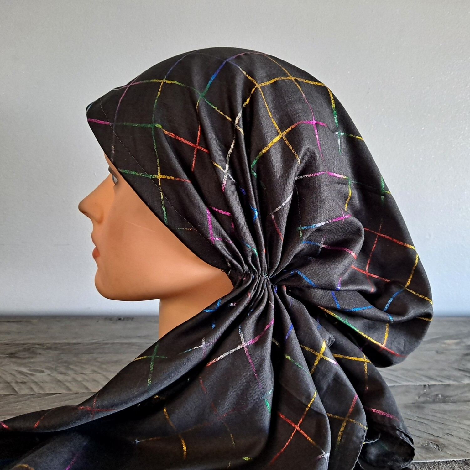 Black/colorful metallic square pretied tichel
