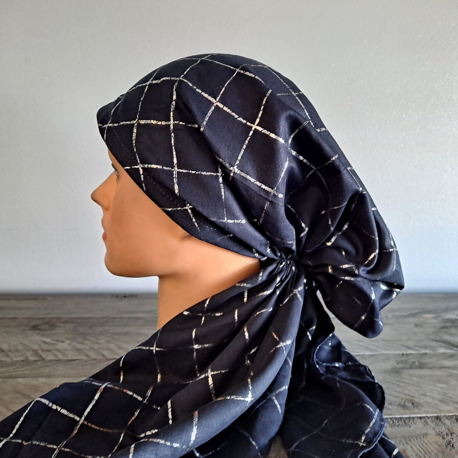 Navy/silver metallic square pretied tichel