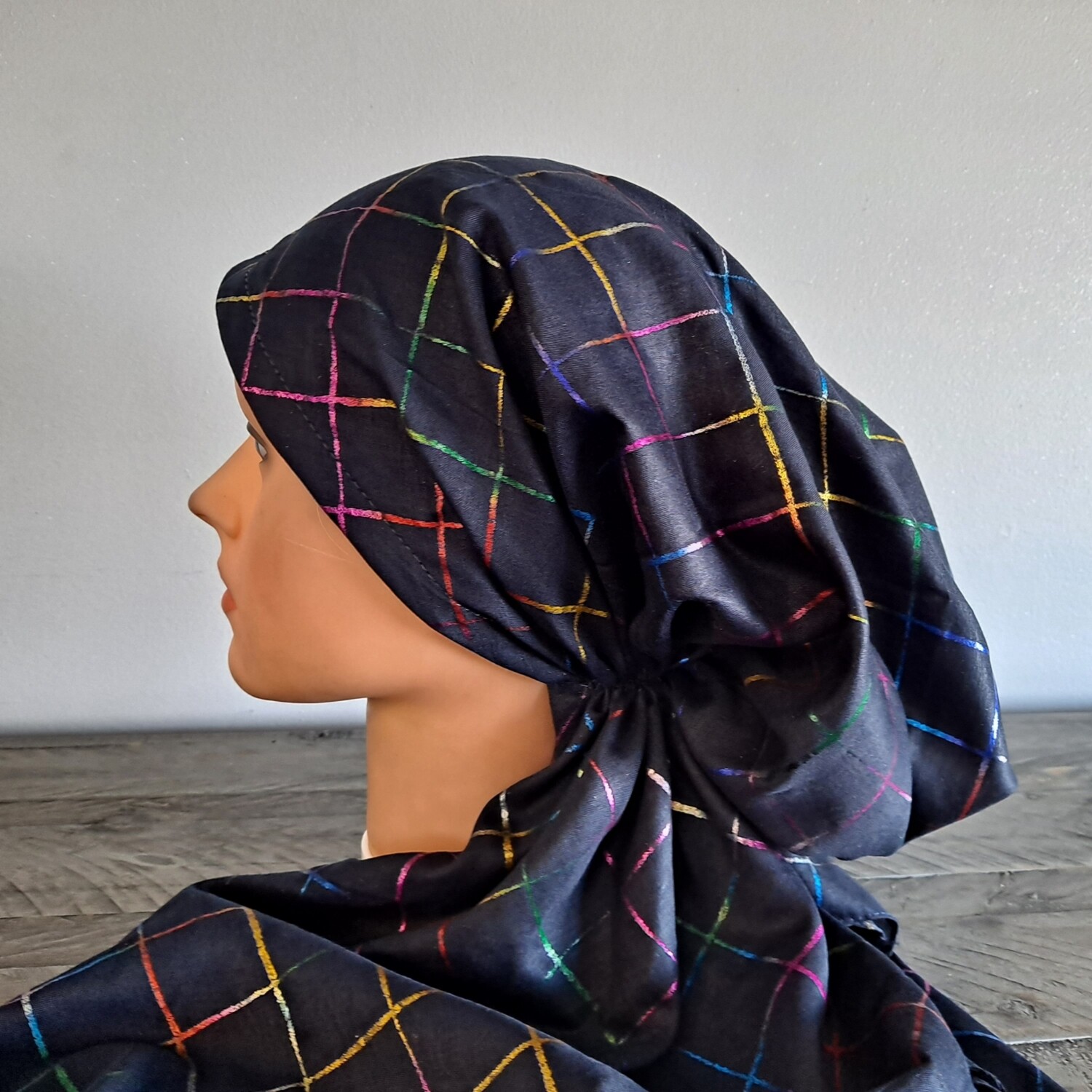 Navy/colorful metallic square pretied tichel