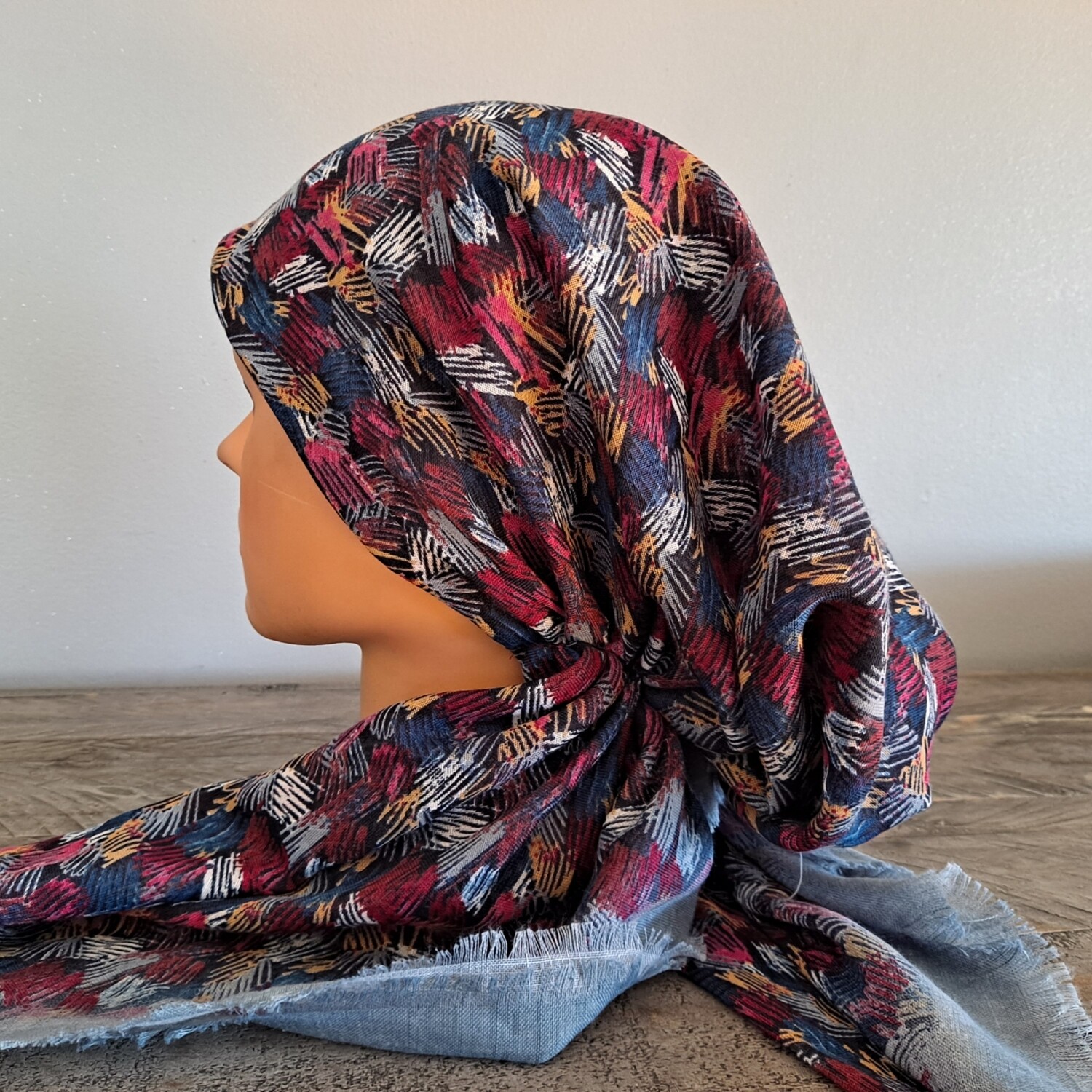 Gray/colorful patterned - soft fringes pretied tichel