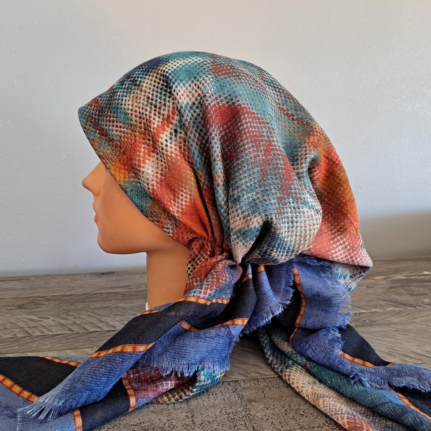 Denim/colorful patterned - soft fringes pretied tichel