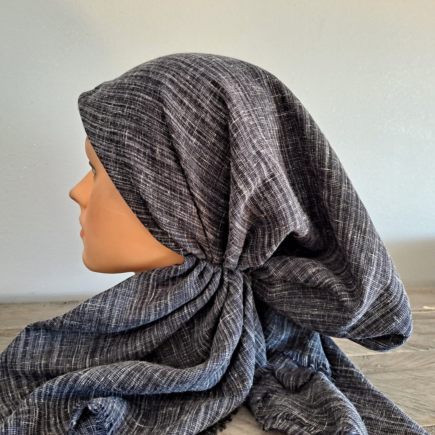 Blackish gray heathered look soft fringes pretied tichel