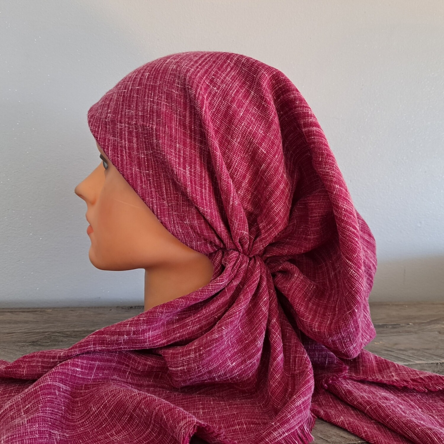 Burgundy heathered look soft fringes pretied tichel