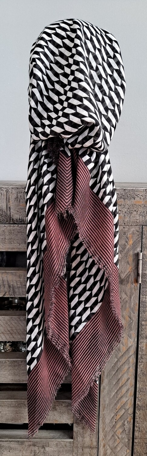 Black/White w/brown - soft fringes pretied tichel