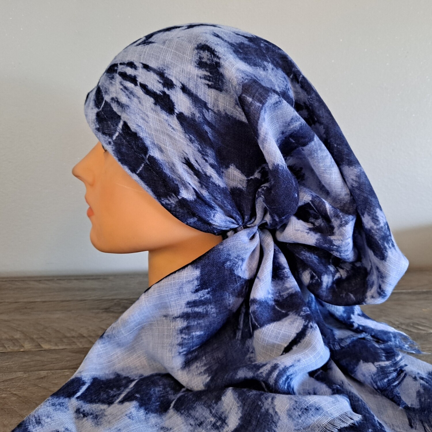 Blue circular patterned tie dyed - soft fringes pretied tichel