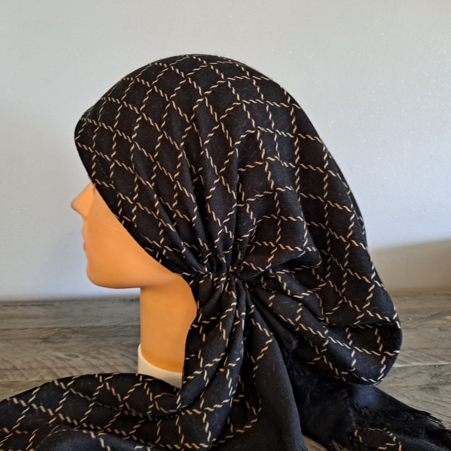 Black - tan braided soft fringes pretied tichel