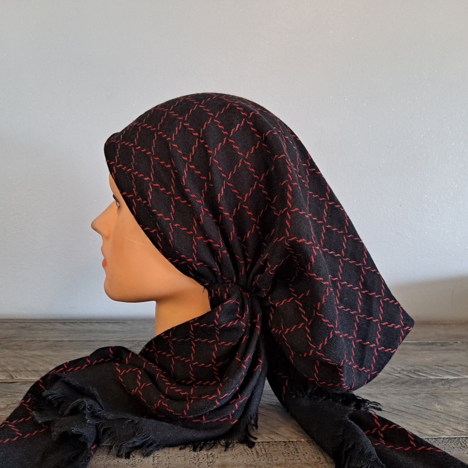 Black - red braided soft fringes pretied tichel