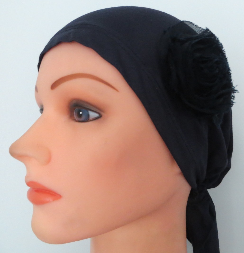 Navy pre-tied tichel with pretty applique