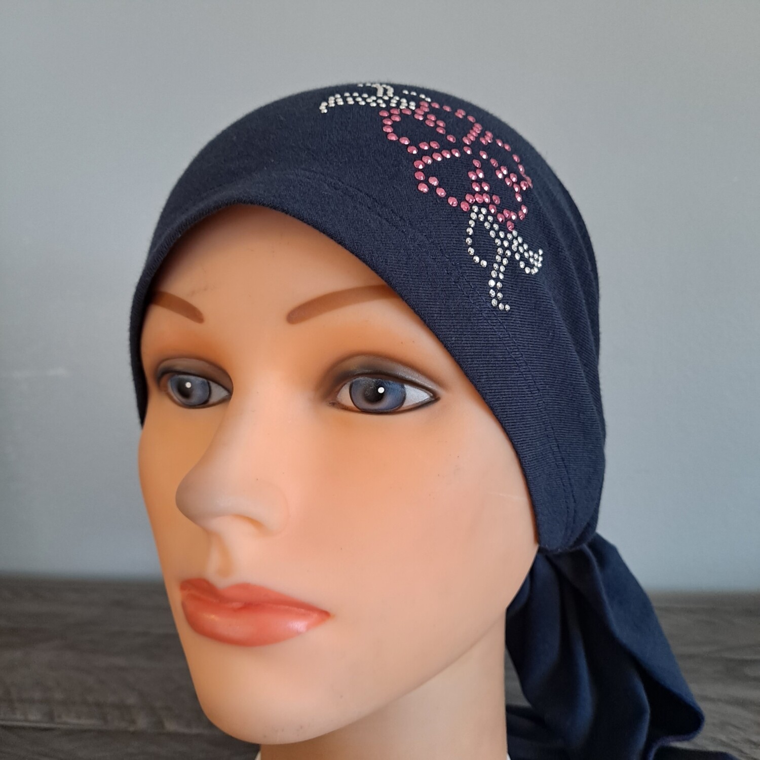 Navy pre tied tichel w/small applique - XL size