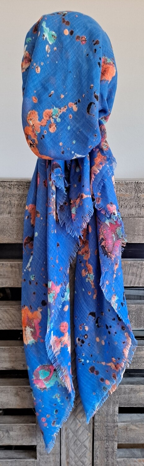 Denim color splattered  - soft fringes pretied tichel