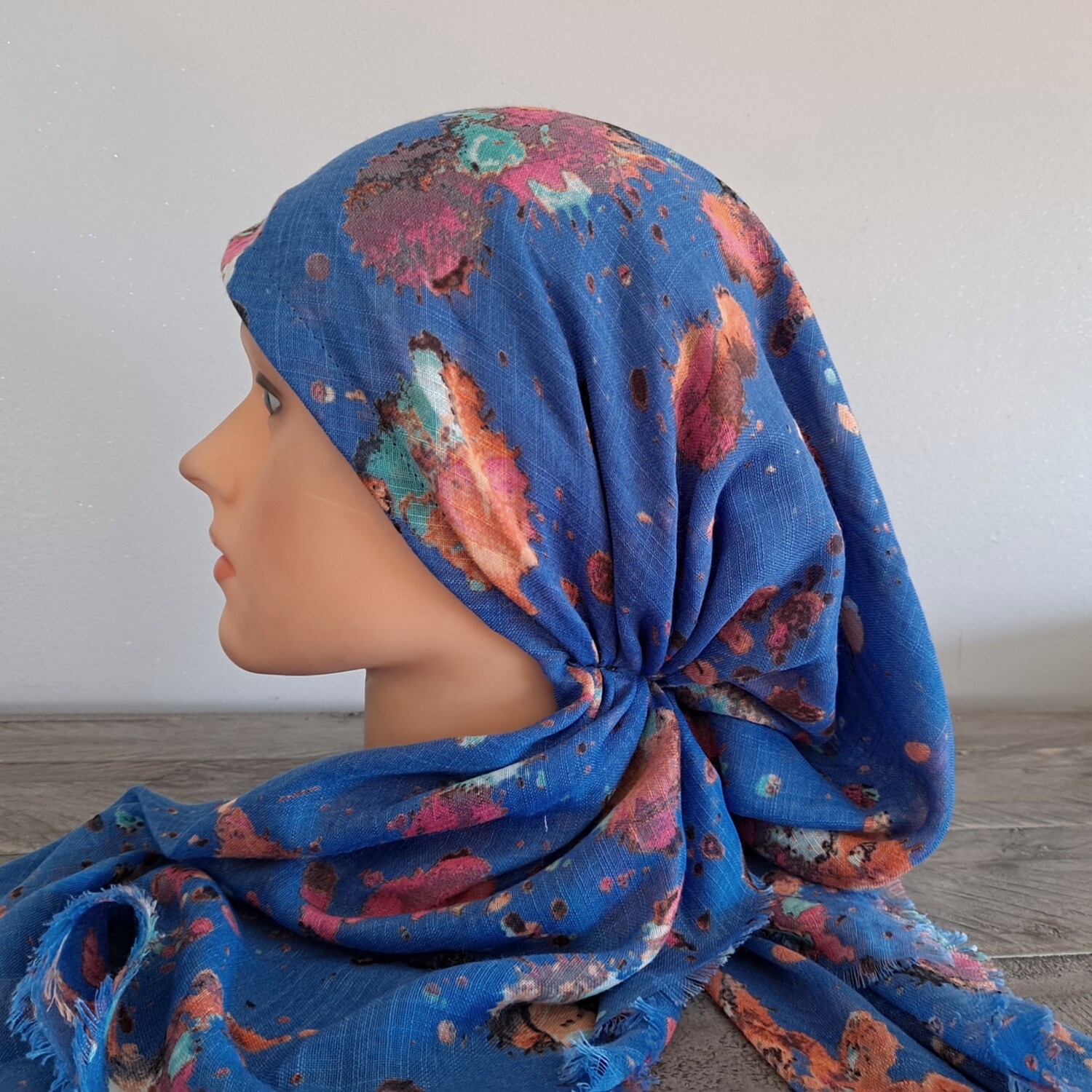 Denim color splattered  - soft fringes pretied tichel