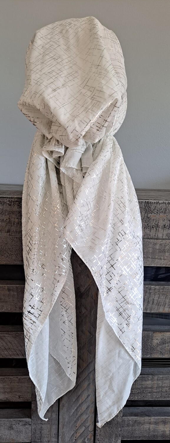 White/ivory - silver lines patterned pretied tichel