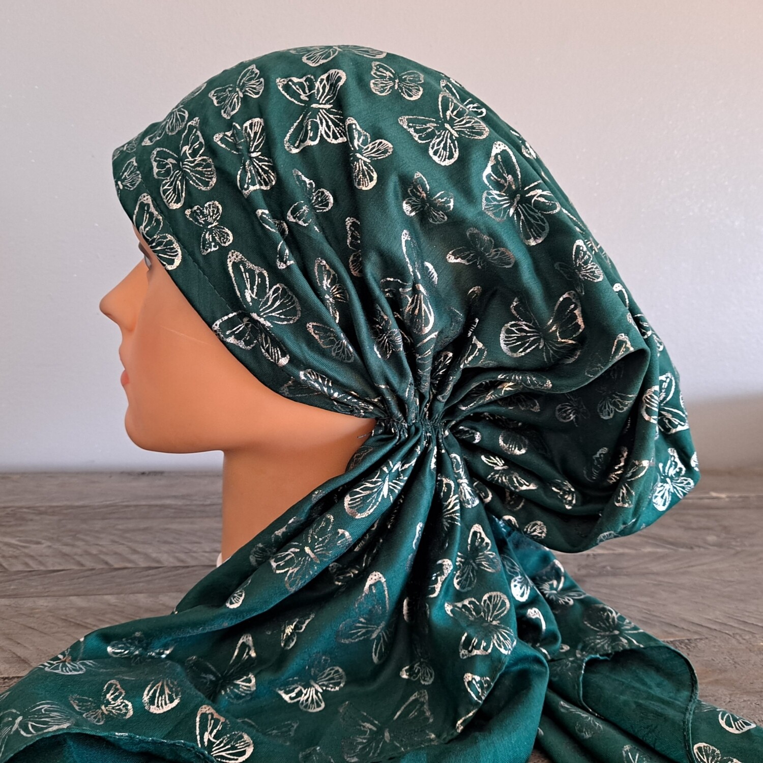 Green - silver butterflies patterned pretied tichel