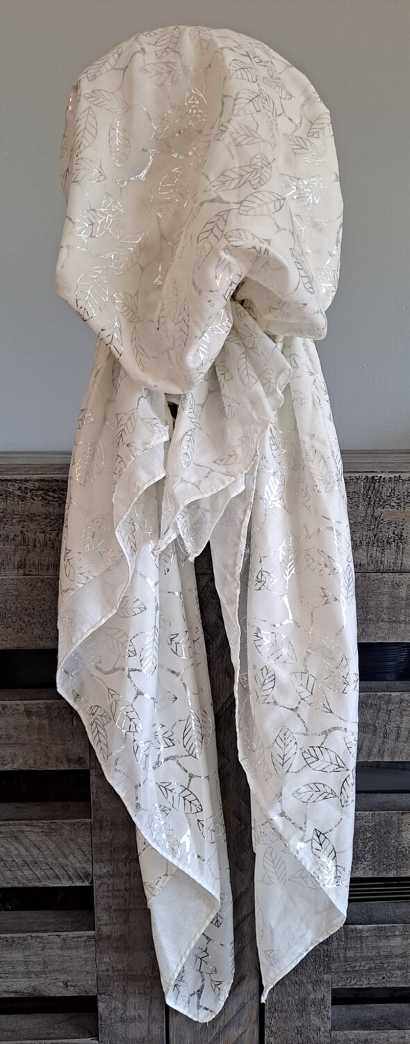 White/Ivory - silver small leaves pattern pre-tied tichel