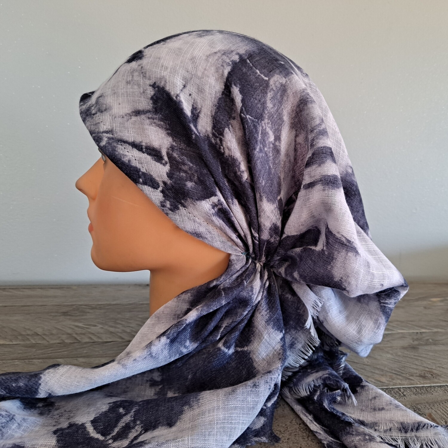 Dark denim circular patterned tie dyed - soft fringes pretied tichel