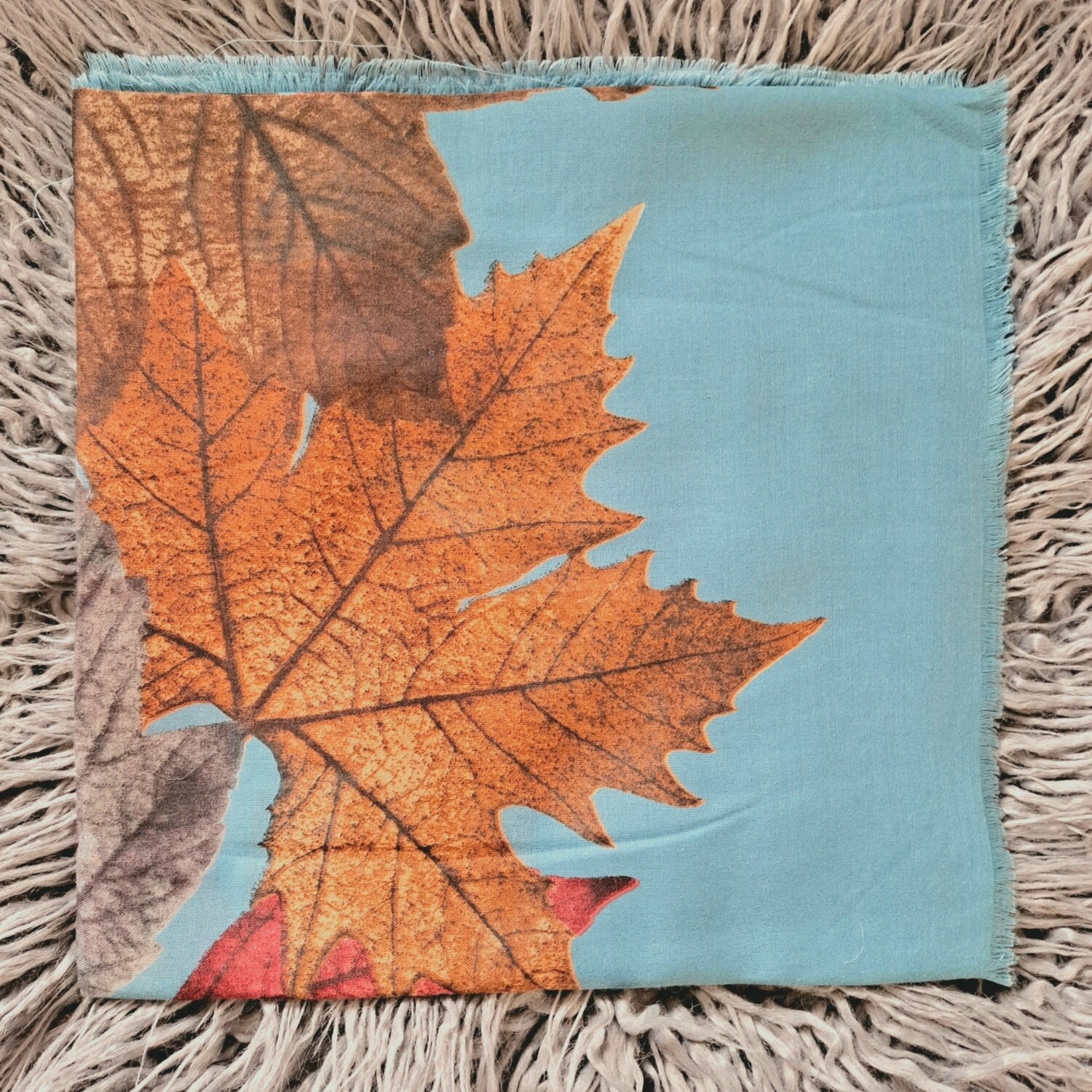 Sky blue/denim - leaves  Turkish head scarve w/soft fringes