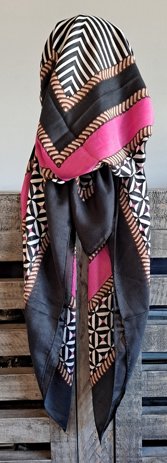 Black/pink pretied Turkish Tichel w/band sewn in
