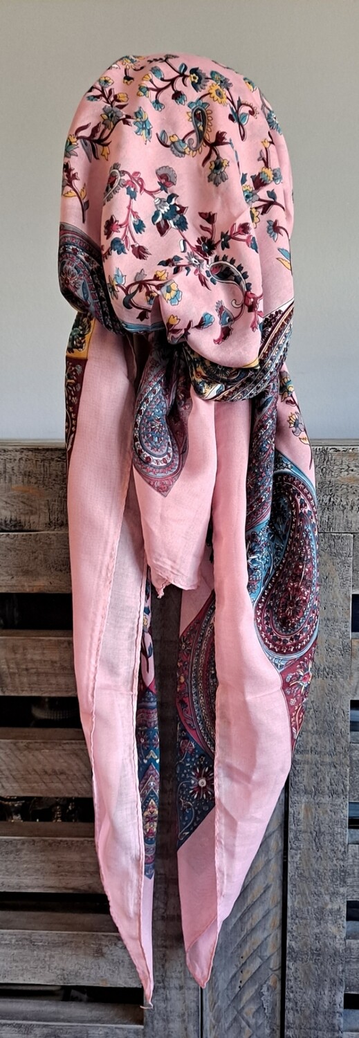 Paisley pink pretied Turkish Tichel w/band sewn in