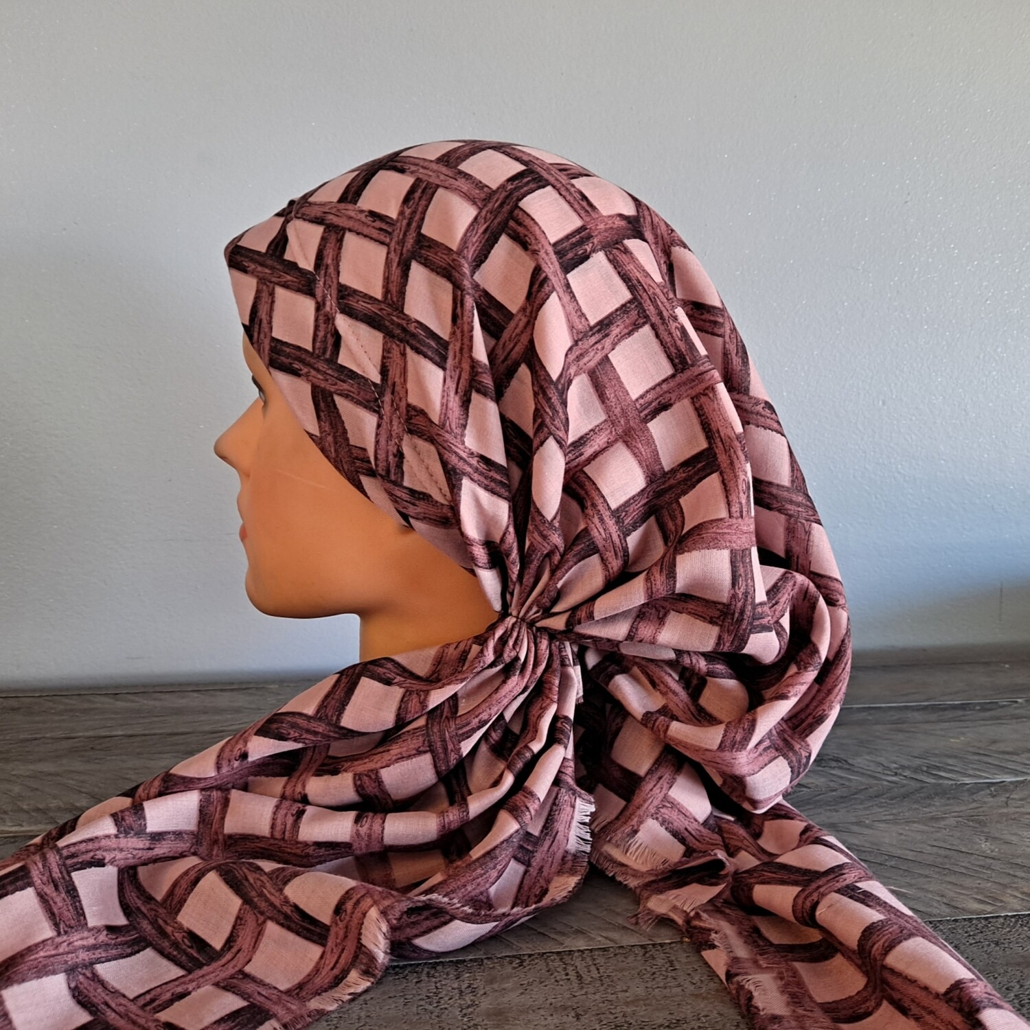 Mauve criss-cross soft fringed pretied Turkish Tichel w/band sewn in