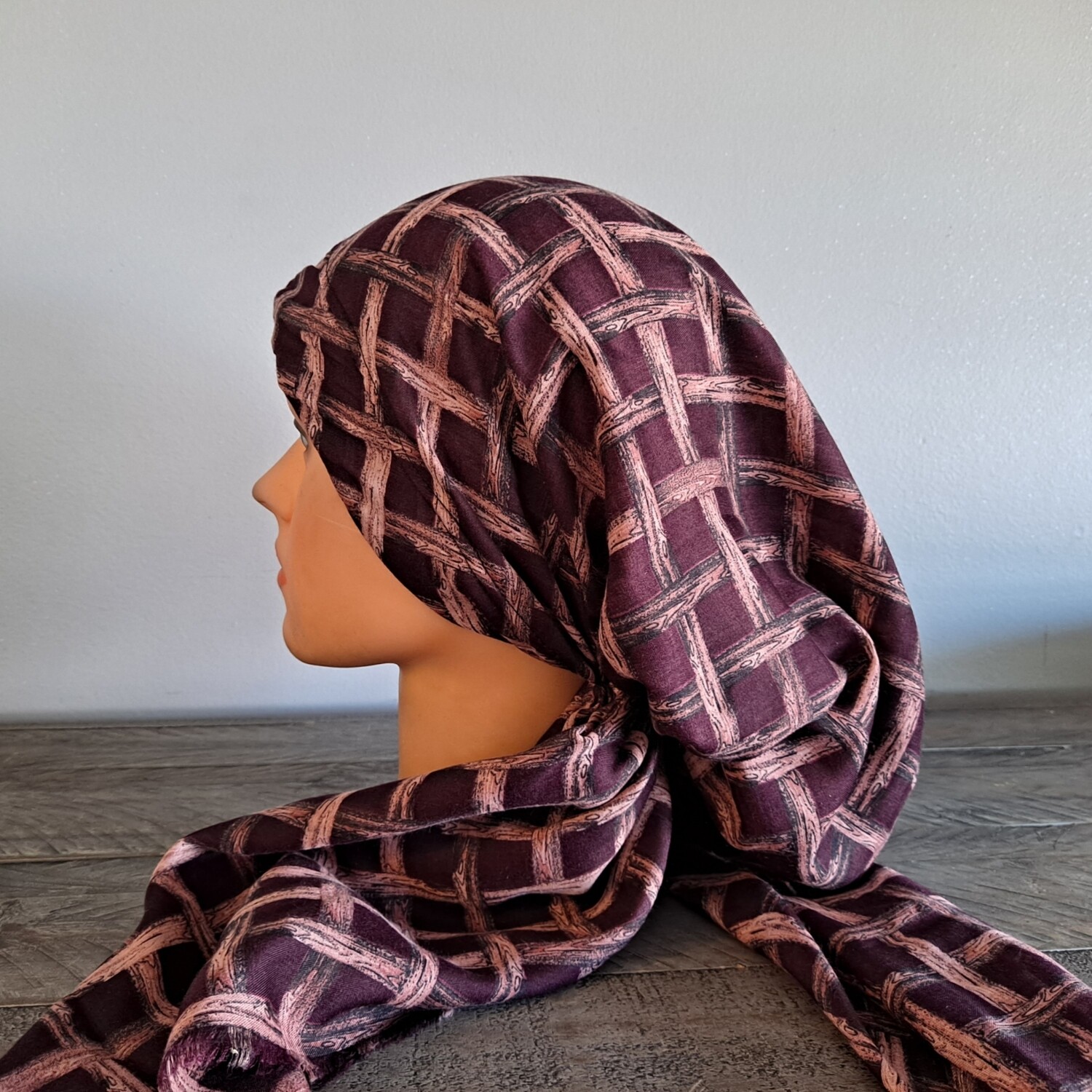 Wine criss-cross soft fringed pretied Turkish Tichel w/band sewn in
