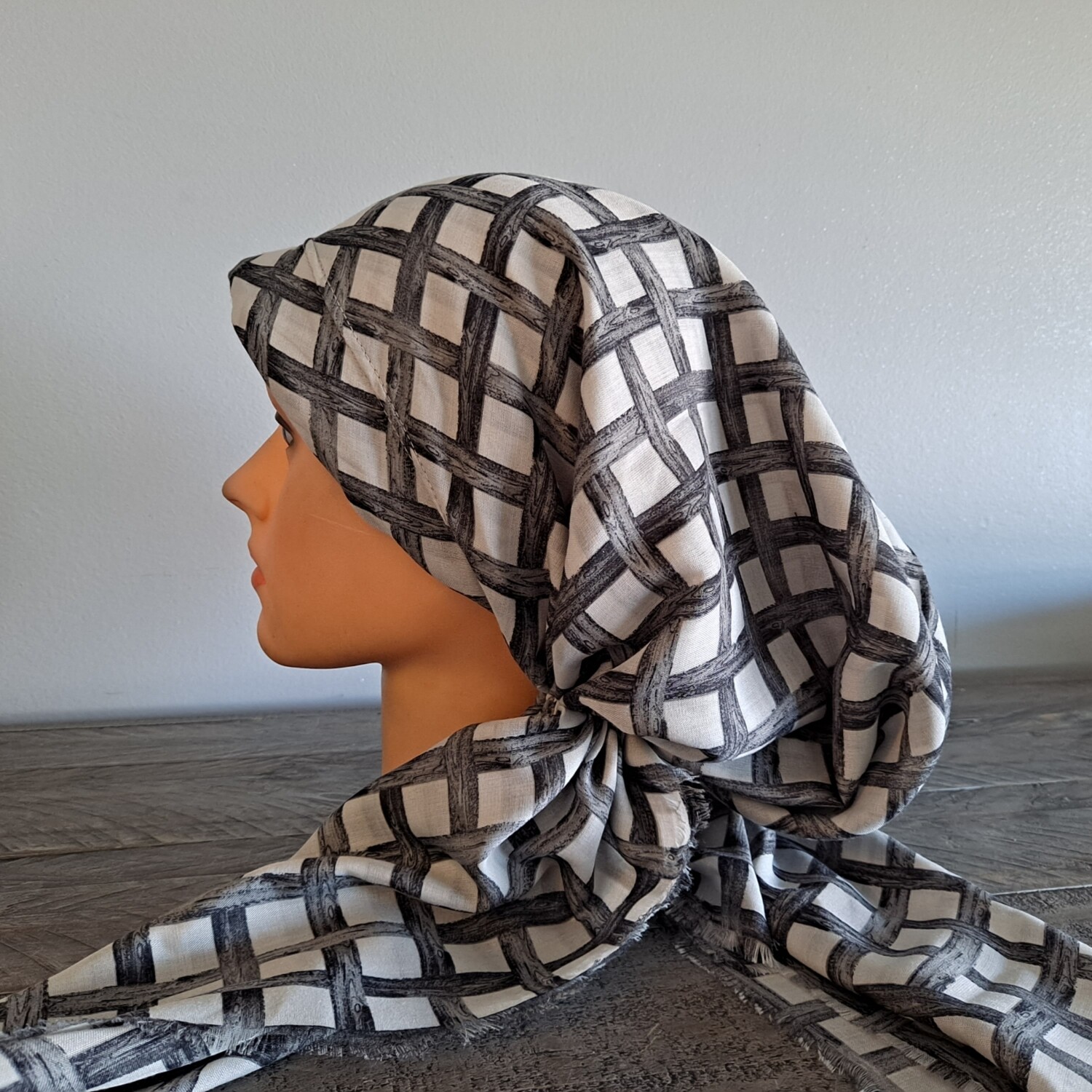 Gray criss-cross soft fringed pretied Turkish Tichel w/band sewn in