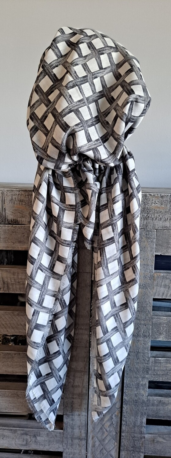 Gray criss-cross soft fringed pretied Turkish Tichel w/band sewn in