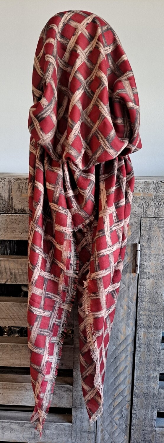 Maroon criss-cross soft fringed pretied Turkish Tichel w/band sewn in